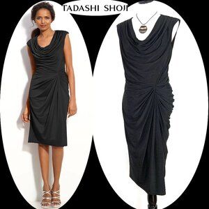 Tadashi Shoji  Black Ruched Cowl Neck Party Formal Jersey Dress Sz L